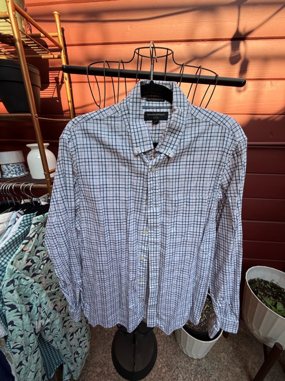 Banana Republic Men’s White and Blue Checked Button-Down Shirt